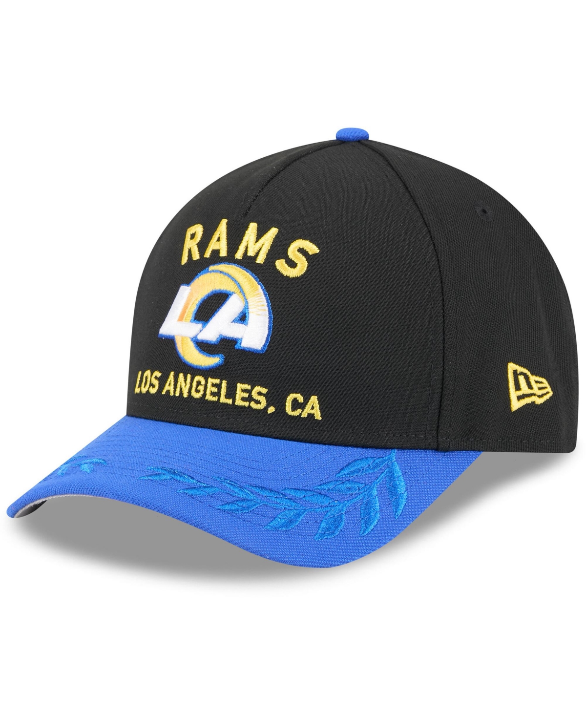NEW ERA MEN'S BLACK/ROYAL LOS ANGELES RAMS 2025 NFL DRAFT 9FORTY A-FRAME M-CROWN ADJUSTABLE HAT 