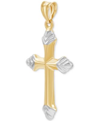 Polished Fleur de Lis Cross Pendant Necklace in 14k Two-Tone Gold
