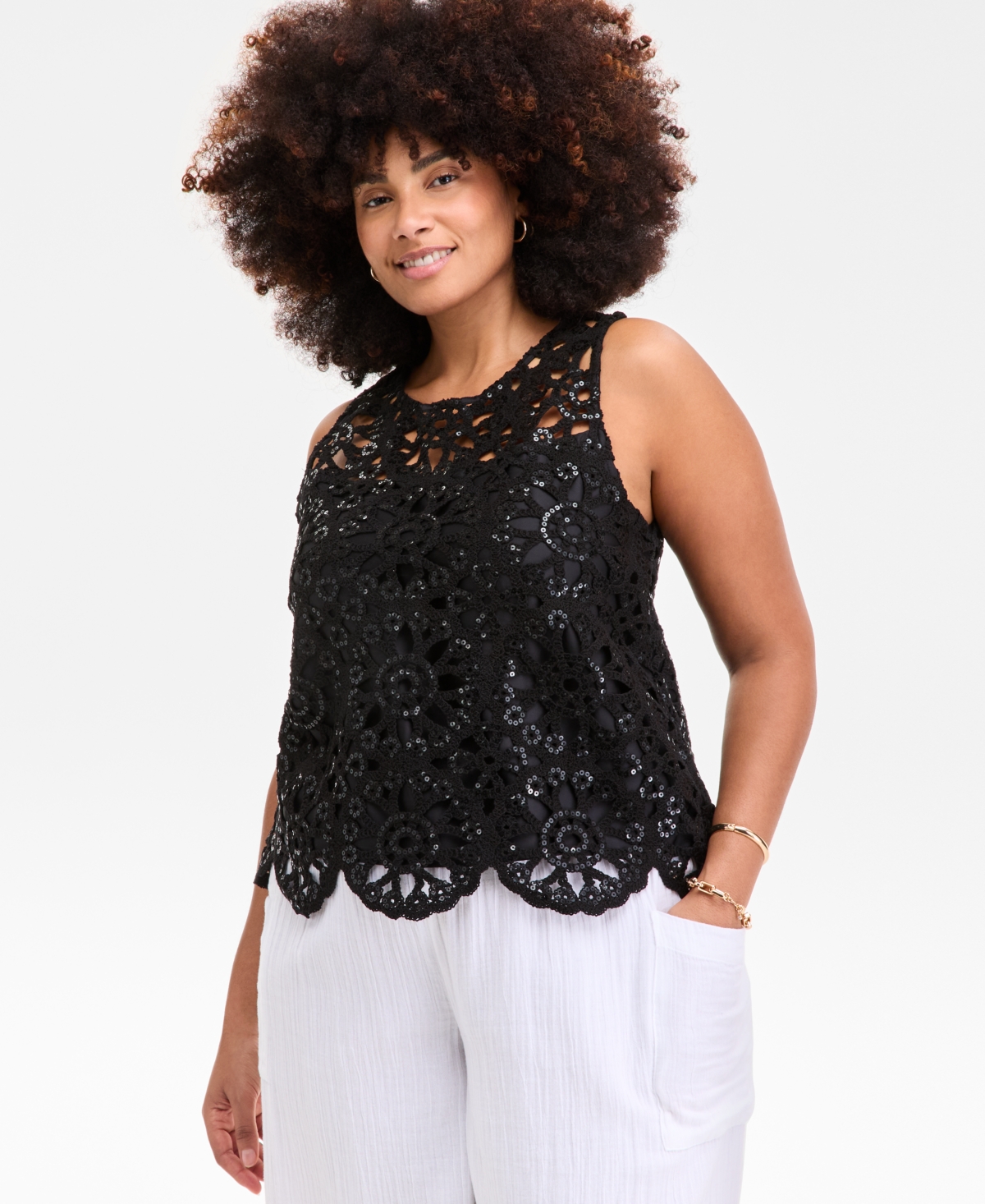 Trendy Plus Size Crochet Scalloped Tank Top, Exclusively at Macy's - Artic Wolf