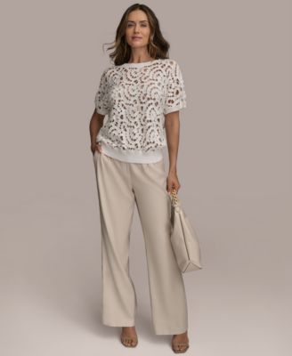 売れ筋商品|||ダナ キャラン ニューヨーク カットソー トップス レディース Women's Crochet Knit Top Pale Moss Donna Karan New York Women's Short-Sleeve Crochet Top - Macy's