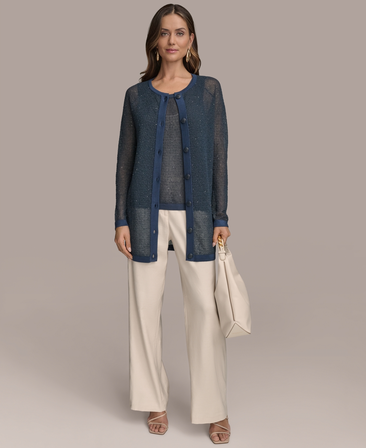 Shop Donna Karan Women's Sequin Embellished Long Cardigan