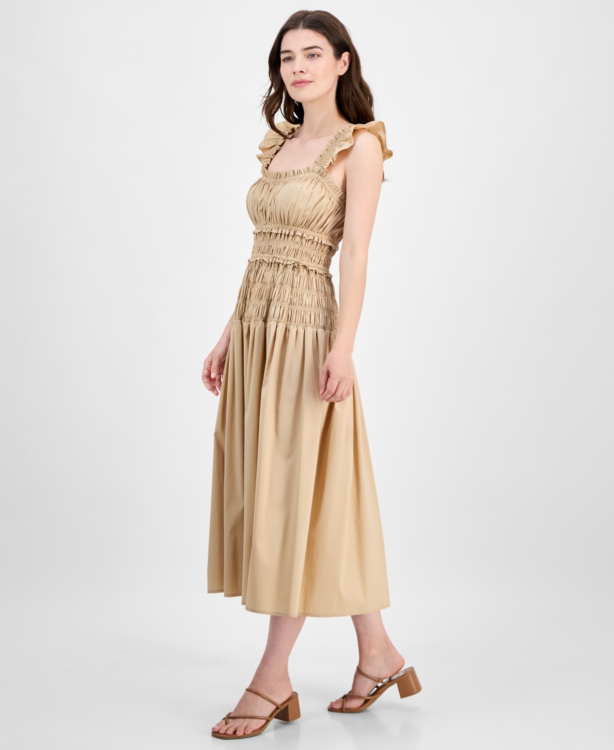 Anne Klein Smocked Ruffle Trim Midi Dress