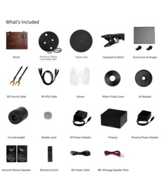 high-fidelity, Bluetooth-enabled, 90W Class D amplified vinyl turntable system with phono preamp, bookshelf speakers, OM10 cartridge.