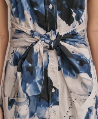 【Donna Karan New York】Printed Tie-Front Dress Donna Karan New York Women's Tie-Front Linen 3/4 Sleeve
