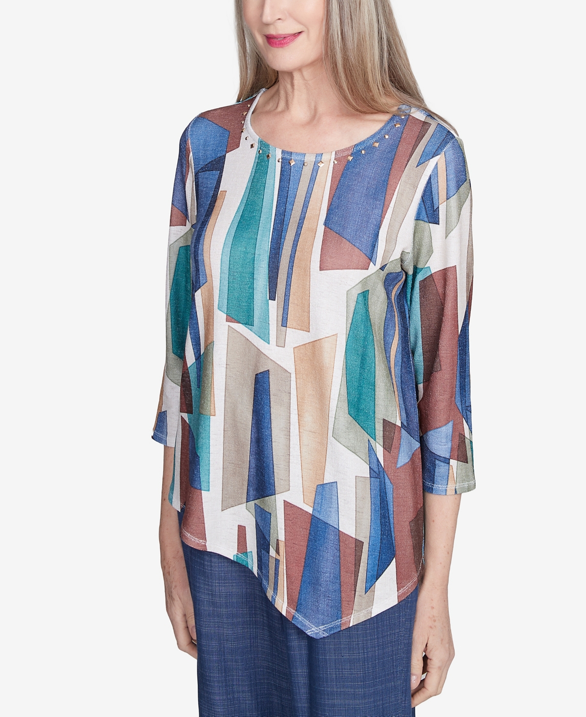 Alfred Dunner Plus Size Summer Solstice Abstract Stained Glass Crew Neck Top In Navy Multi
