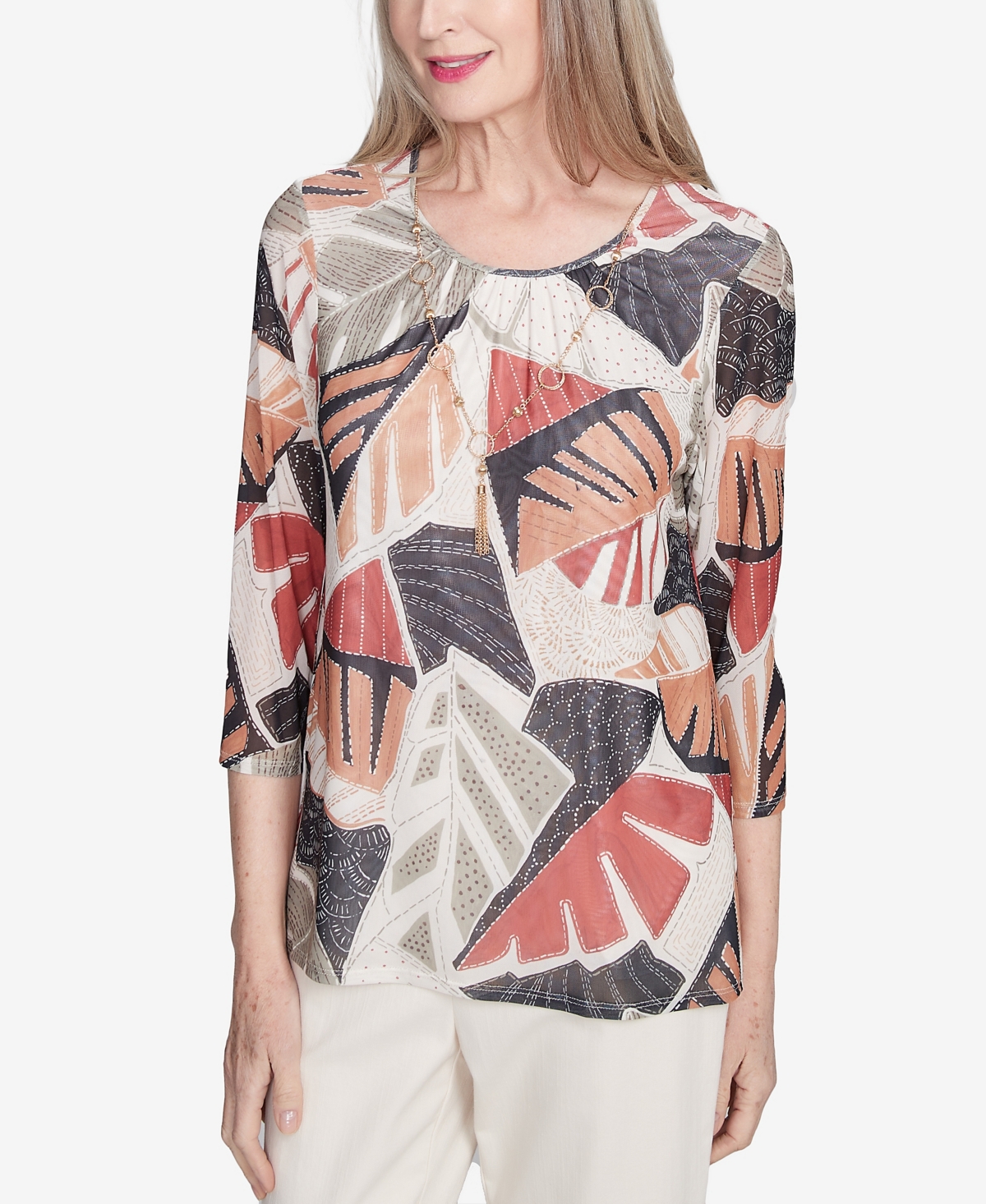 Alfred Dunner Petite Natural Instinct Tropical Mesh Top With Necklace In Multi