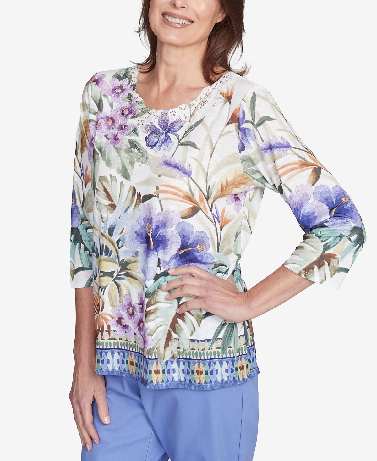 Alfred Dunner Plus Size Santa Fe Tropical Floral Border Top In Aloe Multi