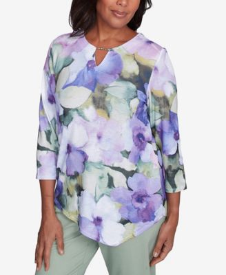 Women's Santa Fe Dramatic Pansies Print Keyhole Neck Top