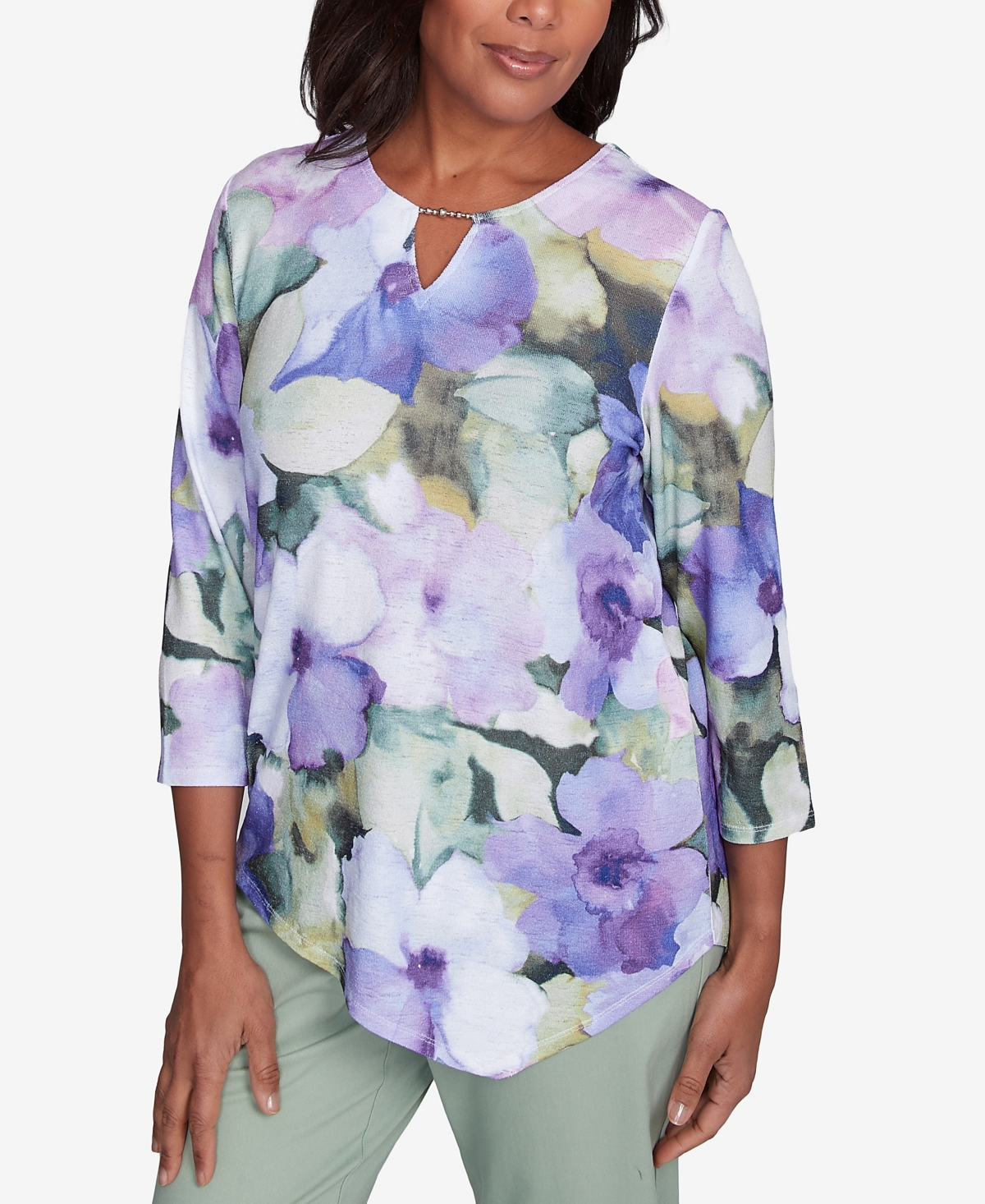 Alfred Dunner Petite Dramatic Pansies Print Three Quarter Sleeve Top In Iris Multi