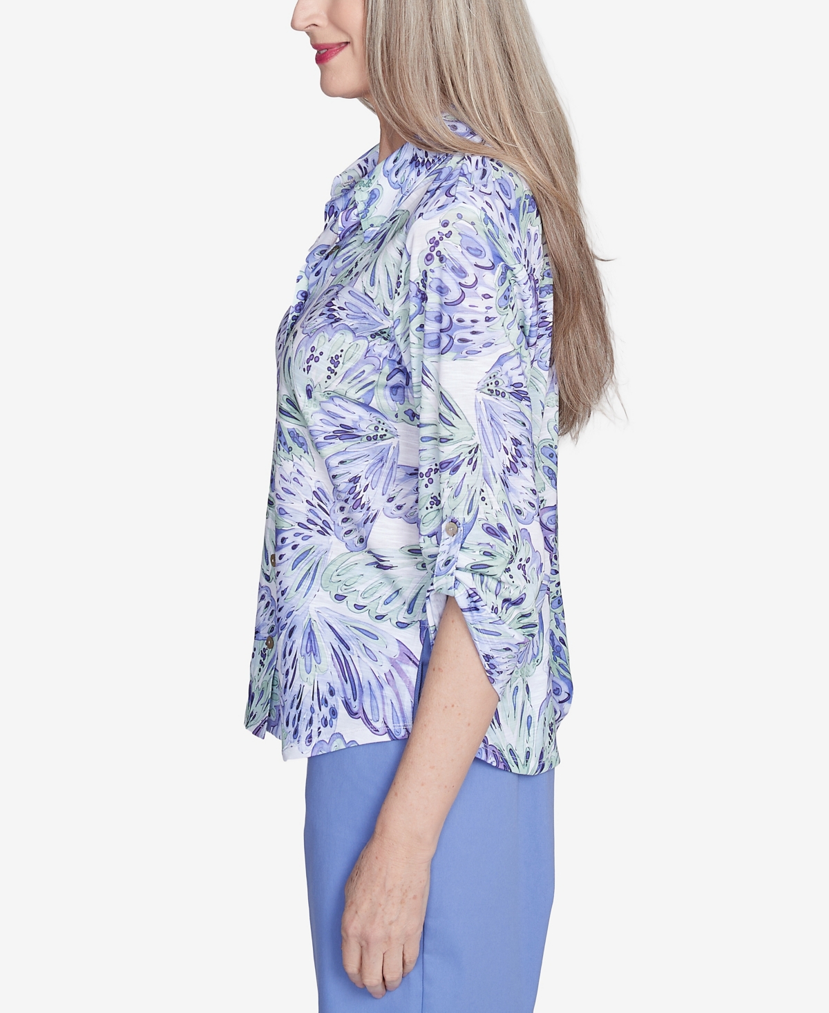 Alfred Dunner Plus Size Santa Fe Abstract Butterfly Collared Button Front Top In Iris Multi