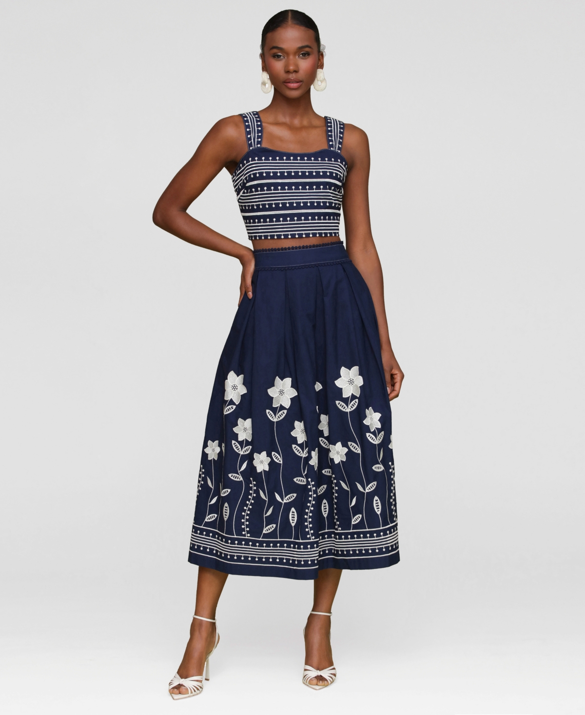Shop Avec Les Filles Women's Cotton Embroidered Midi Skirt