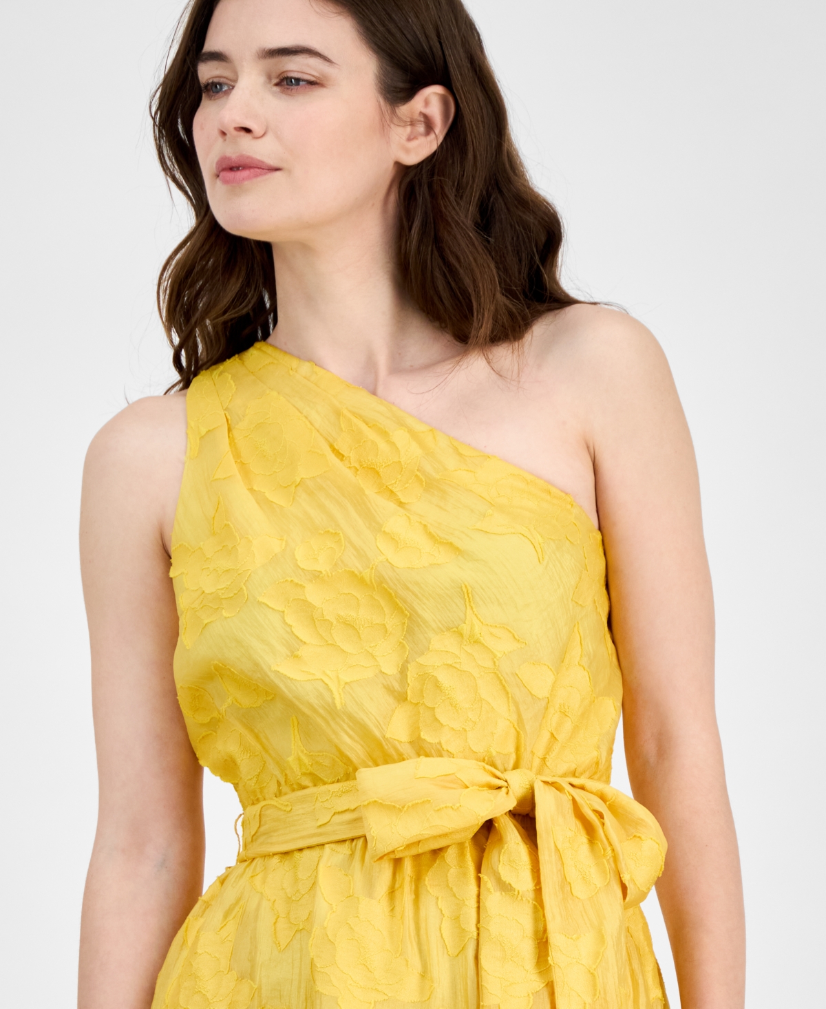 Anne Klein Floral Embroidered One-shoulder Midi Dress In Yellow