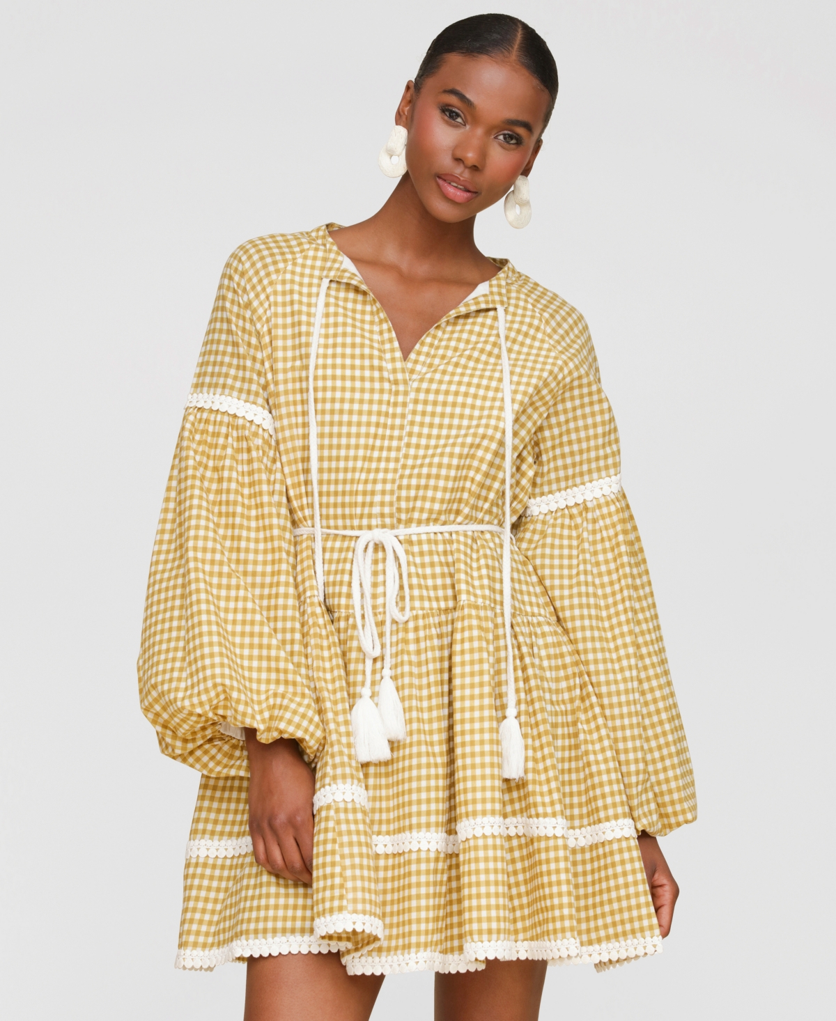Avec Les Filles Gingham Print Long Sleeve Minidress In Brown
