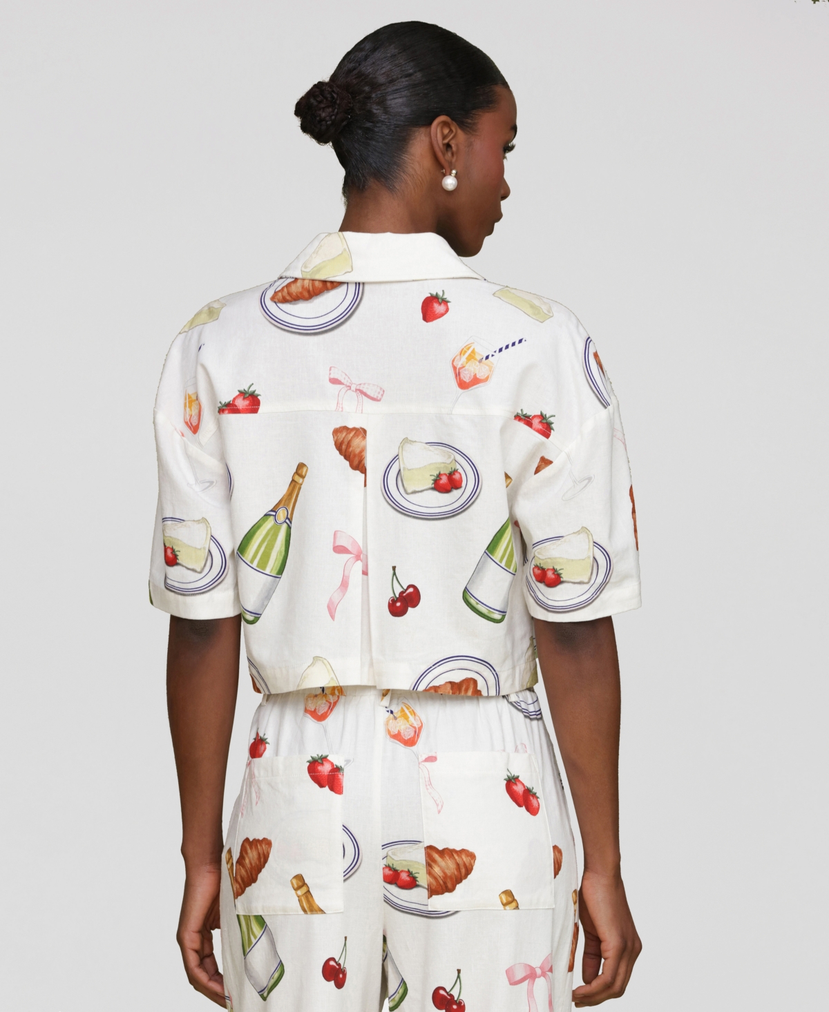 Avec Les Filles Womens Printed Button Front Camp Shirt Wide Leg Pants In White
