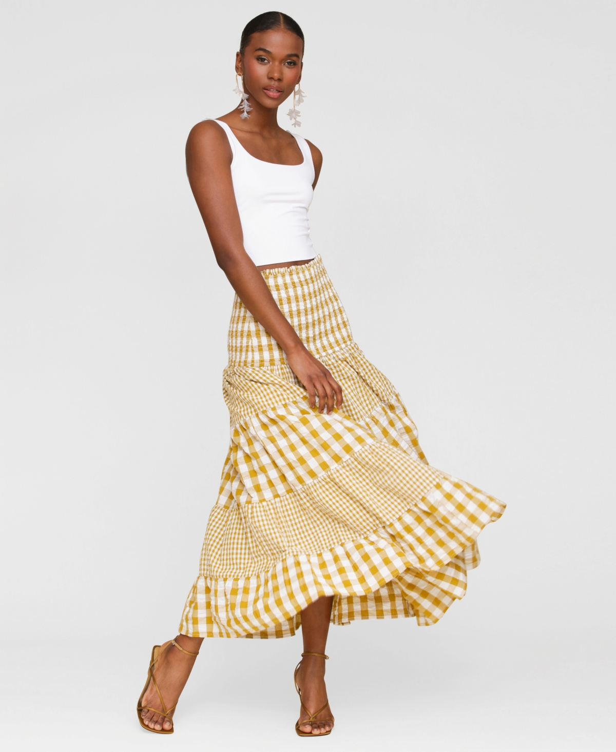 Avec Les Filles Mixed Print Tiered Cotton Gingham Maxi Skirt