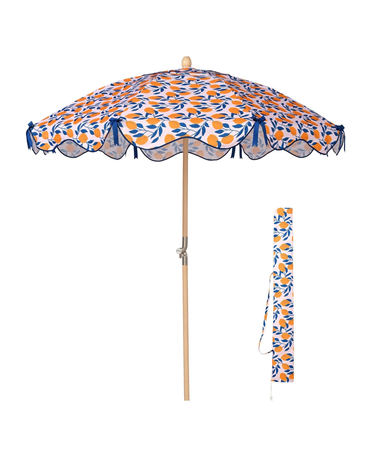 Our Beach Portable Umbrella for Sand Beech Wood Pole Carry Bag with Printed Lemon Tree Cute Garden Parasol - Natrual