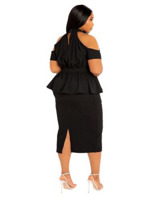 Plus Size Cut-out Shoulder Peplum Midi Dress