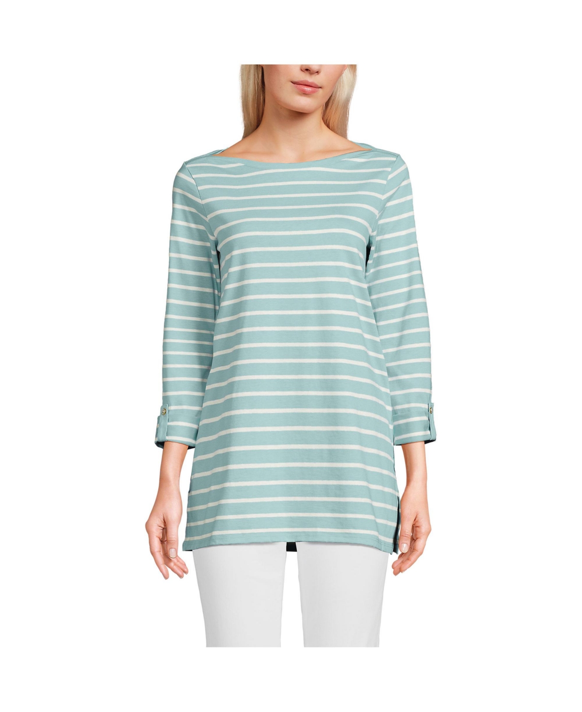 Women's Supima Cotton Adjustable 3/4 Sleeve Boatneck Tunic - Champagne/ivory breton stripe