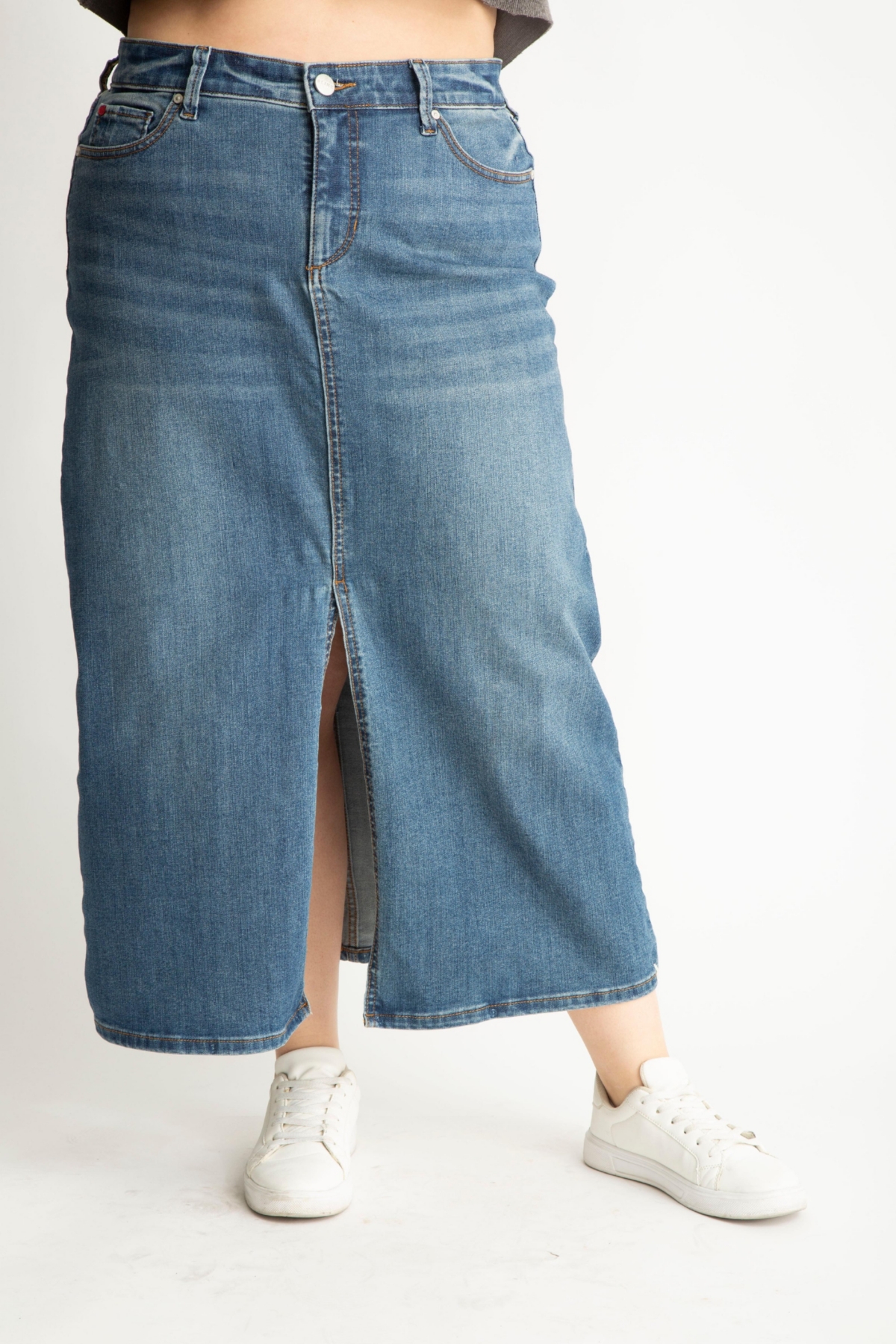 Plus Size Denim Maxi Skirt in 37"length with front slit - Gemma