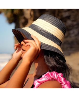 Nona Striped Bucket Palm Straw Hat In Black and Natural