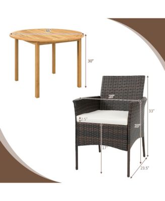 5 PCS Patio Dining Set Round Acacia Wood Table 4 Cushioned Wicker Armchairs