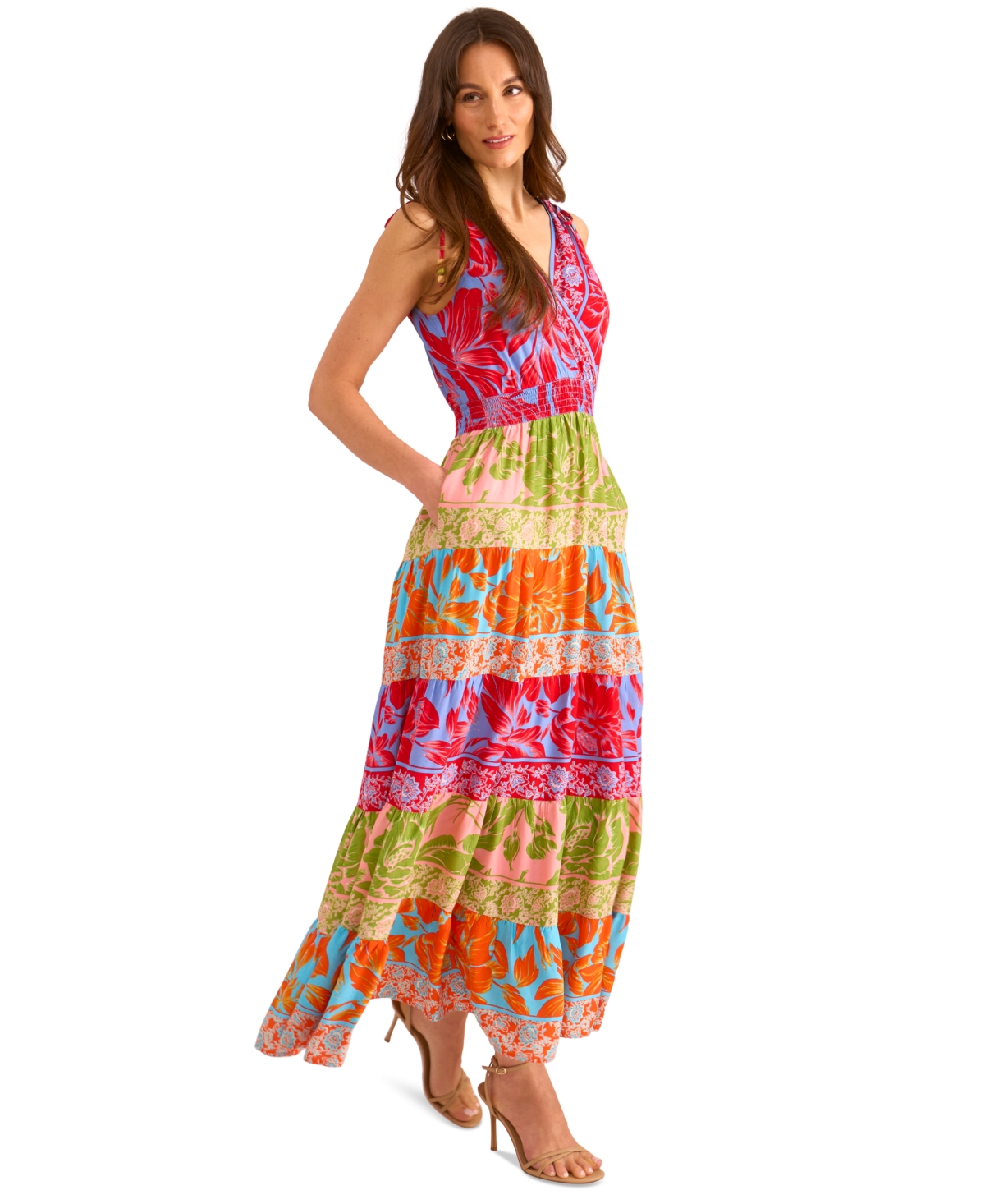 Vince Camuto Print Beaded Tiered Maxi Dress In Pink