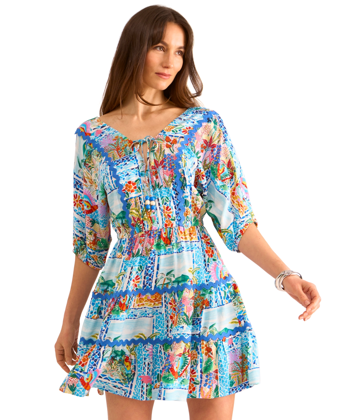 Vince Camuto Printed Tie Front Three Tier Mini Dress In Blue