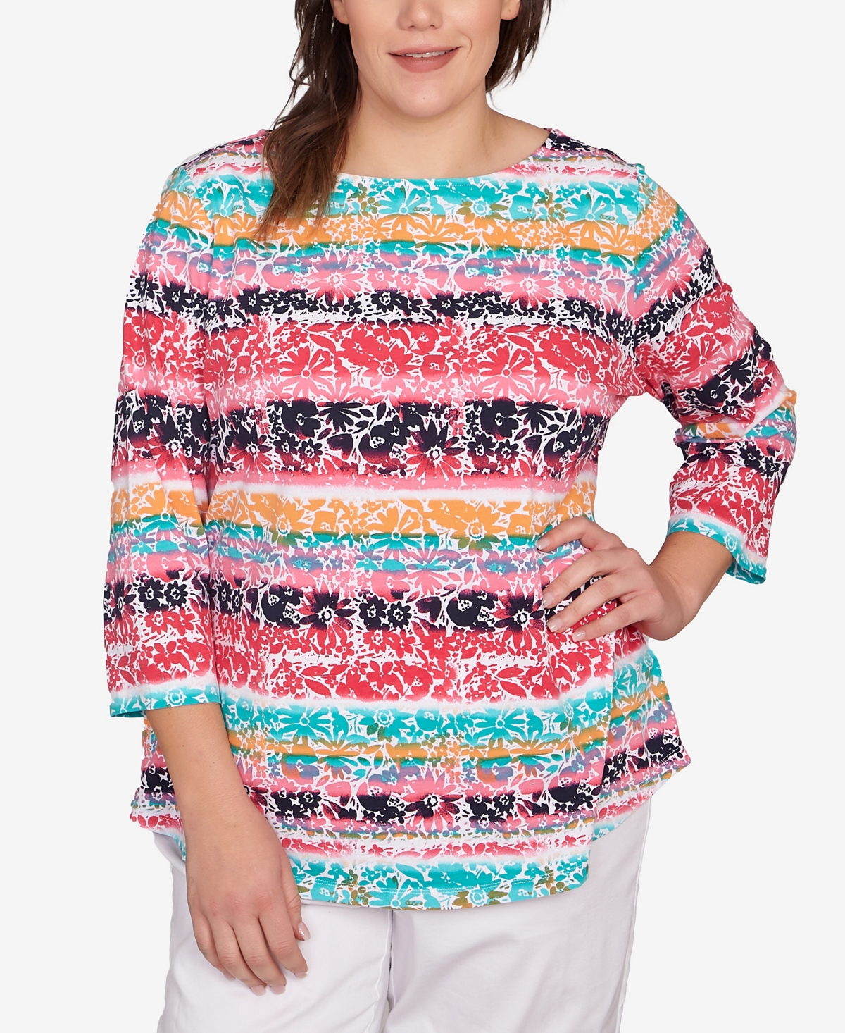 Ruby Rd. Plus Size Watercolor Floral Stripe Top In Watermelon Multi