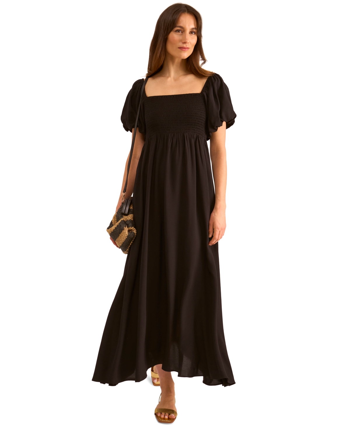 Vince Camuto Smocked Bodice Bubble Sleeve Maxi Dress In Black