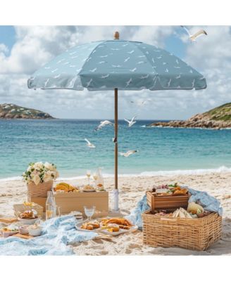 Our Beach Portable Umbrella for Sand Beech Wood Pole Carry Bag with Printed Seagull Cute Garden Parasol