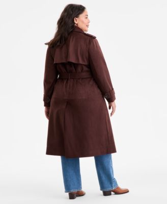 Plus Size Double-Breasted Faux-Suede Belted Trench Coat