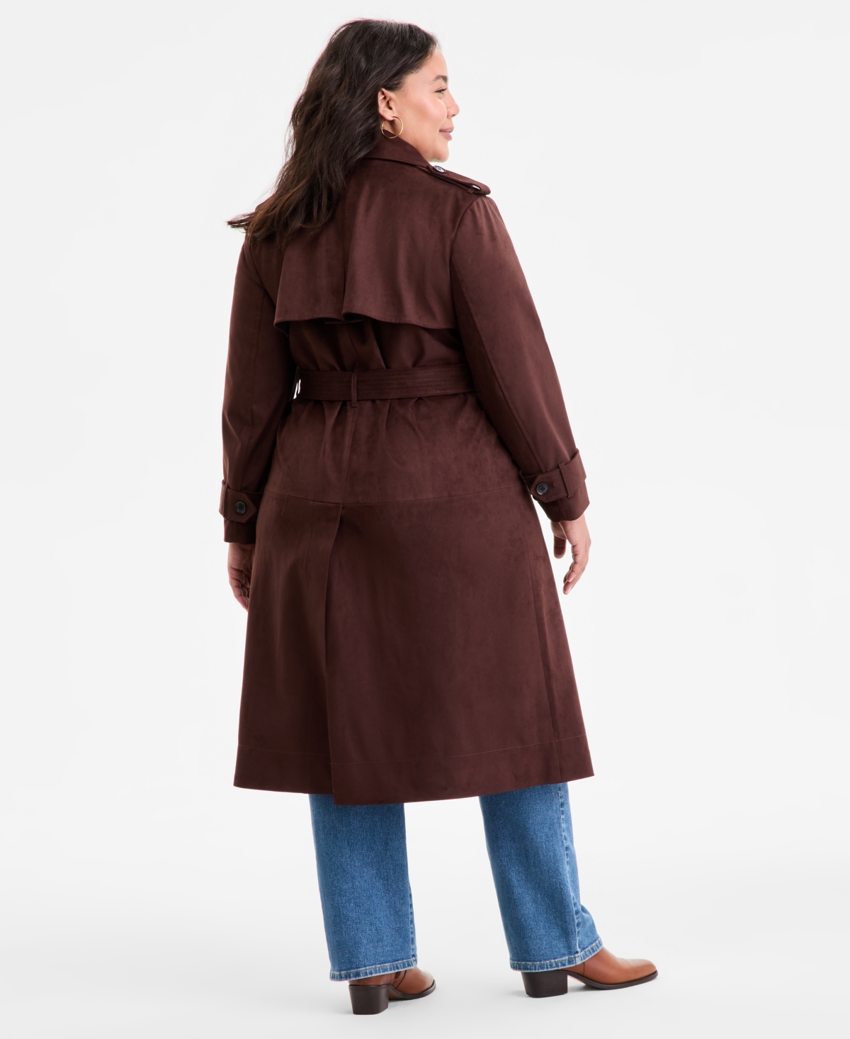Bcbgmaxazria Plus Size Double-breasted Faux-suede Belted Trench Coat In Brown