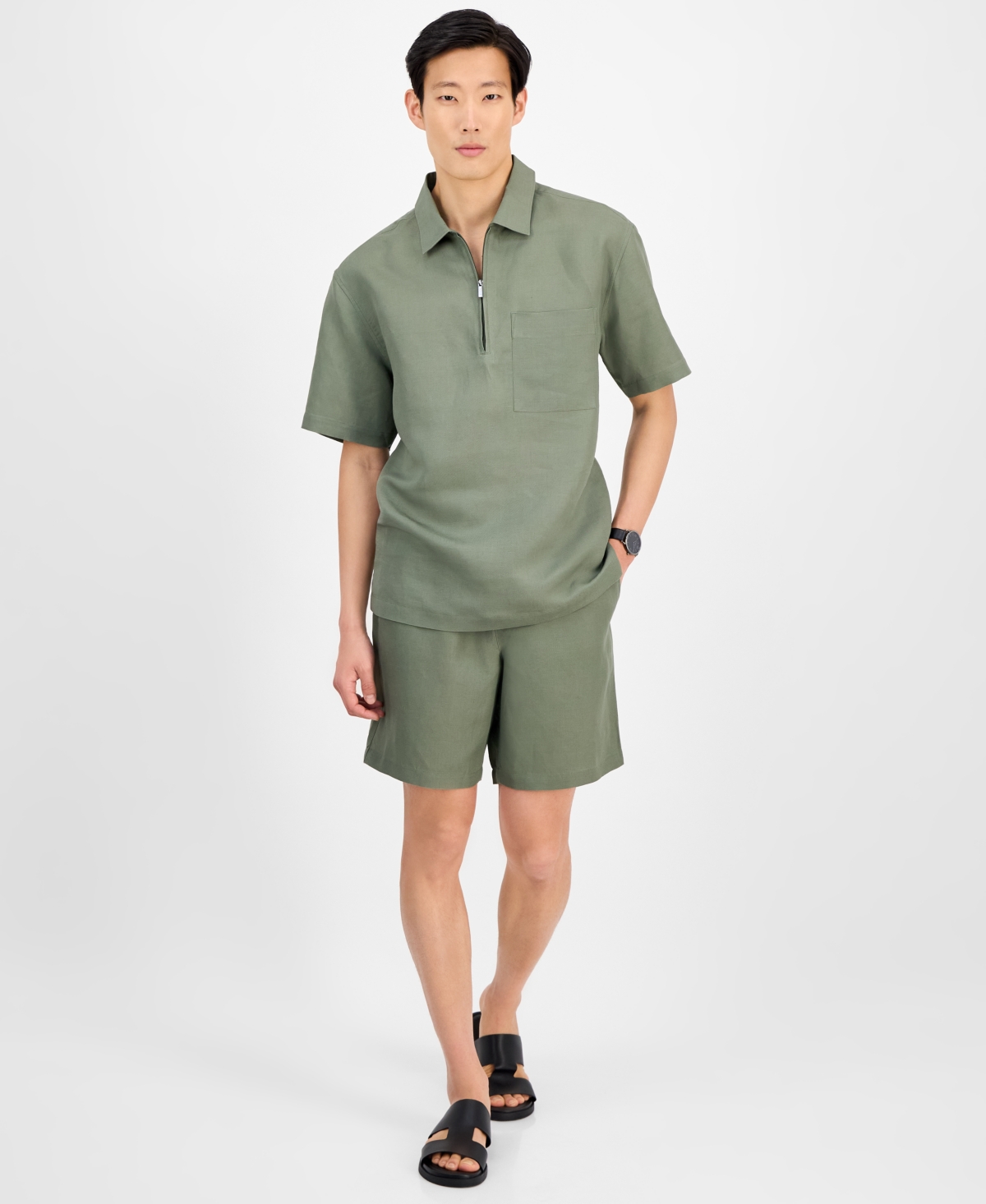 Men's Linen Pull-On Shorts, Exclusively at Macy's - Dusty Olive
