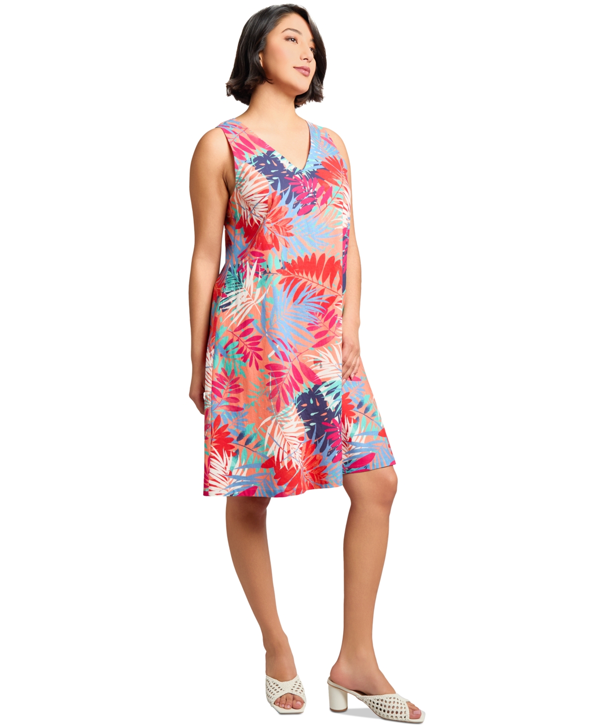 Jones New York Gina Frond Print Linen Blend Trapeze Dress