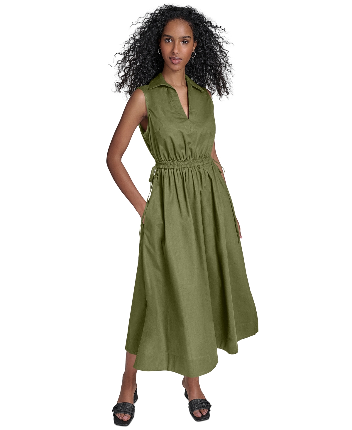 Shop Calvin Klein Women's Cotton Drawstring Sleeveless Midi Dress In Light Olive