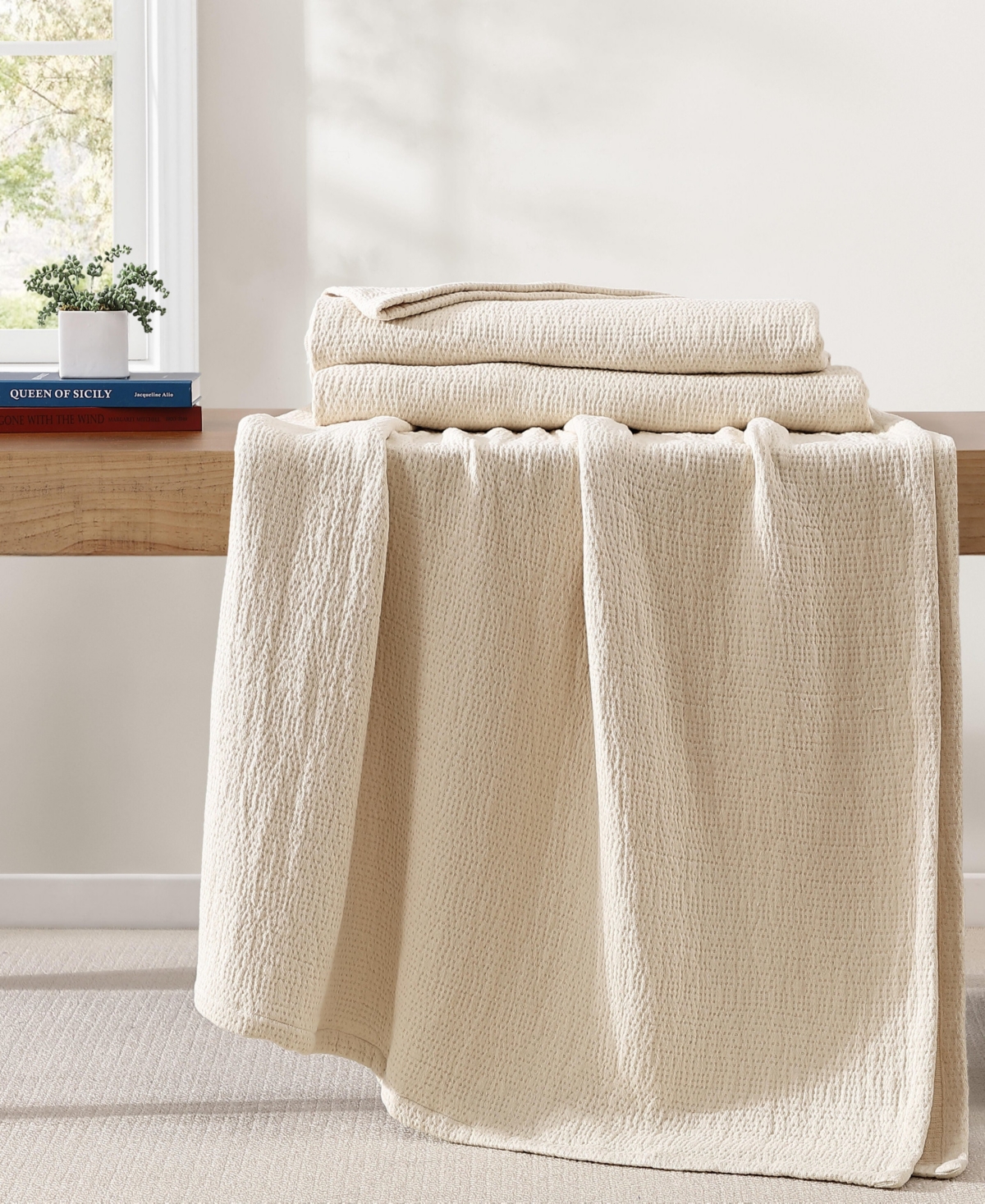 Tommy Hilfiger Running Stitch Solid Cotton Blanket, Twin