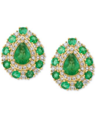 EFFY&reg; Emerald (2-1/3 ct. t.w.) & Diamond (5/8 ct. t.w.) Pear Halo Stud Earrings in 14k Gold