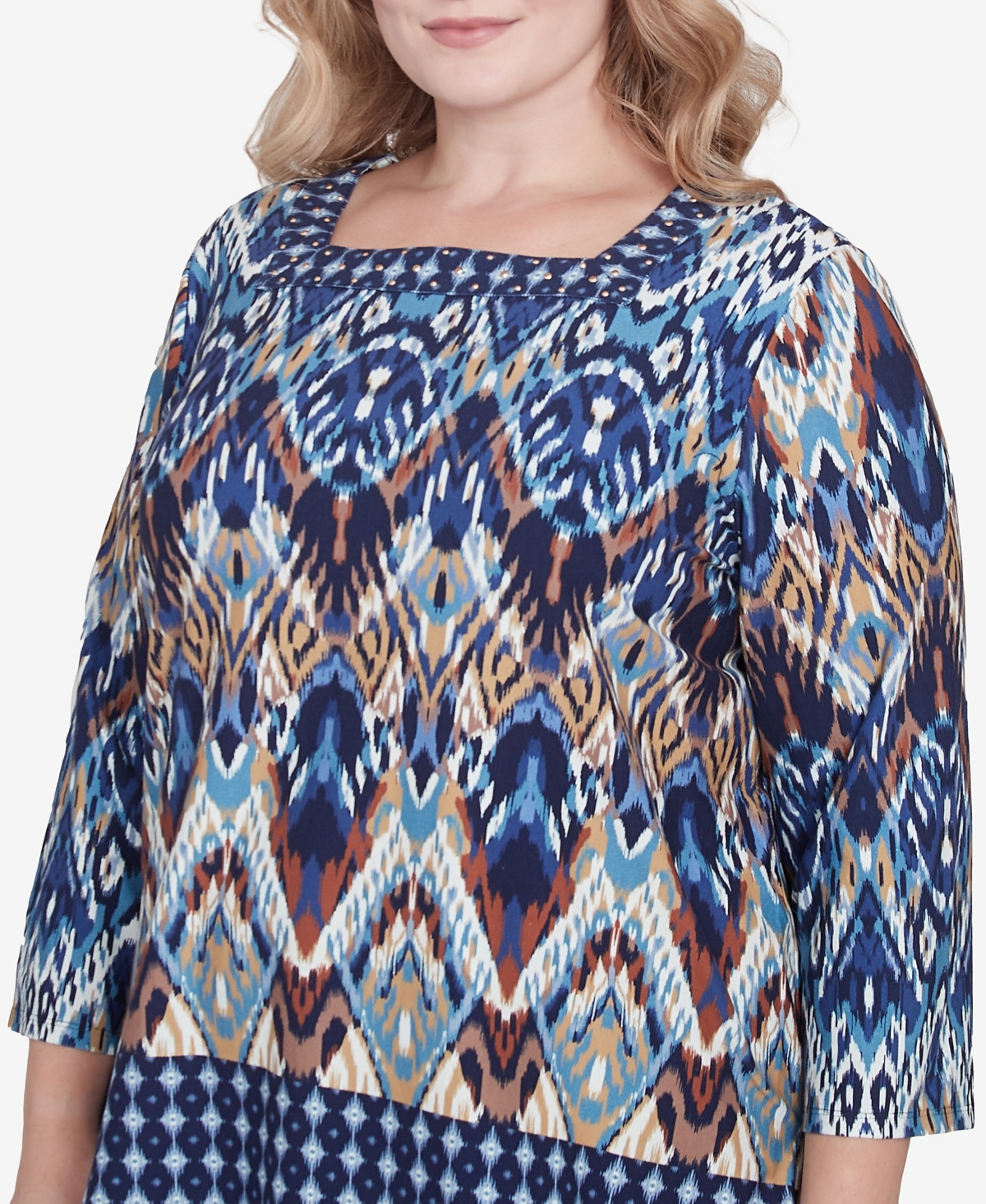Alfred Dunner Plus Size Summer Solstice Ikat Diamond Border Square Neck Top In Navy Multi