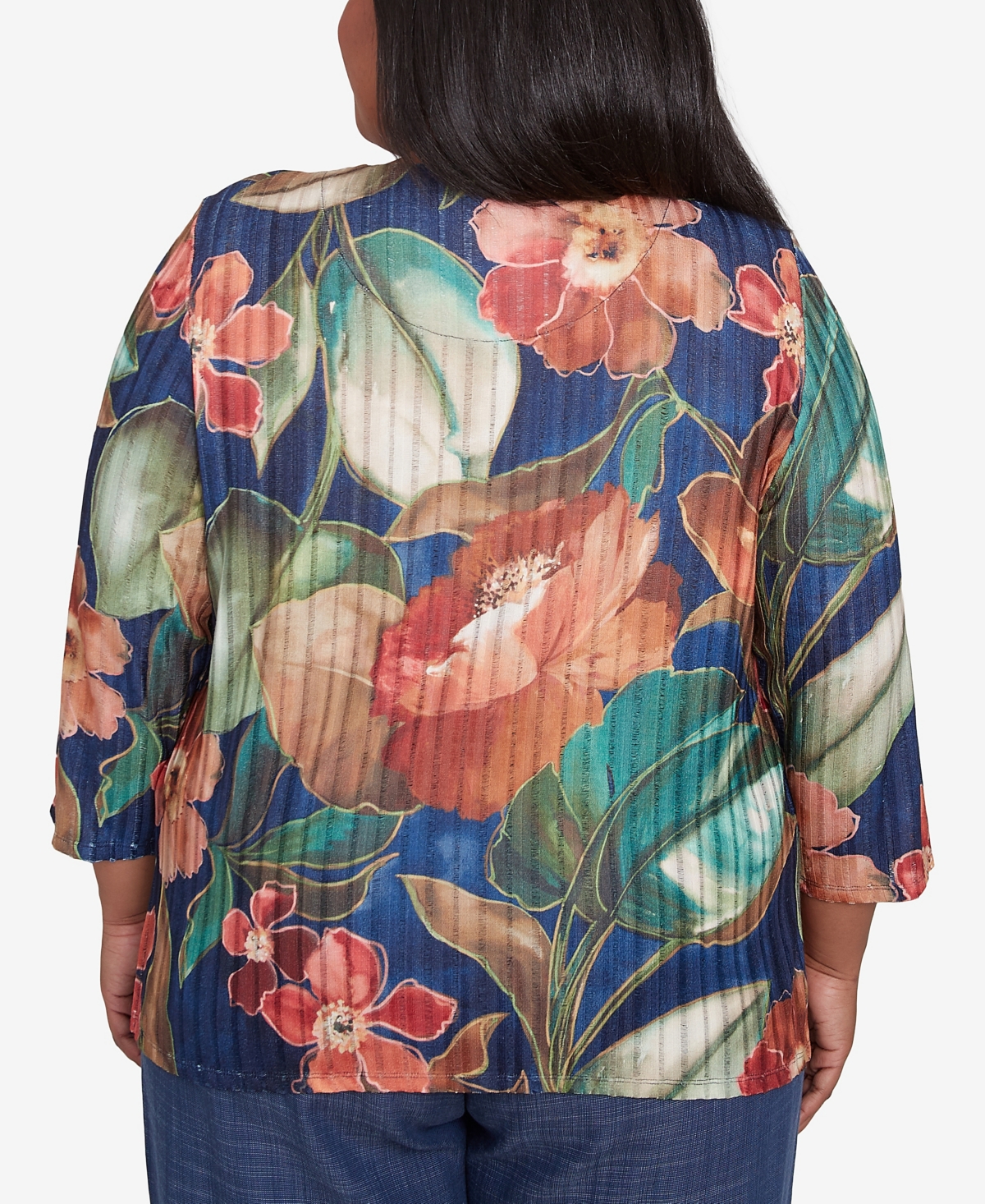 Alfred Dunner Plus Size Summer Solstice Dramatic Summer Floral Top With Necklace In Navy Multi