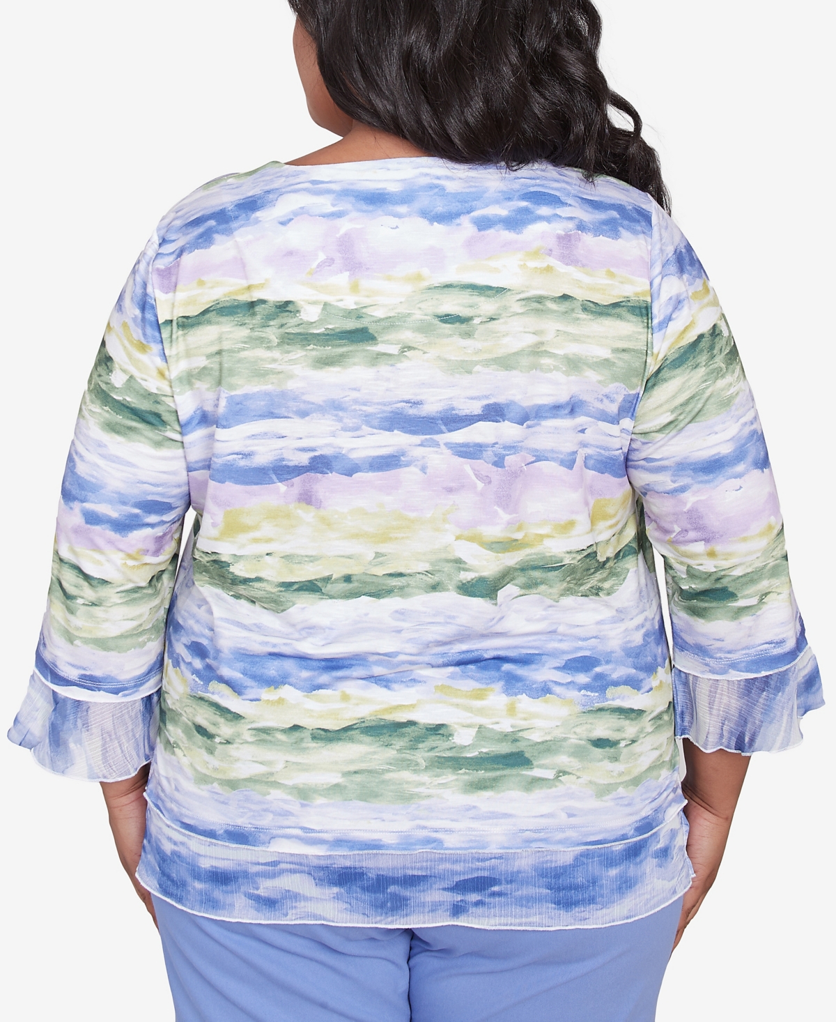 Alfred Dunner Plus Size Santa Fe Watercolor Biadere Striped Crew Neck Top In Iris Multi