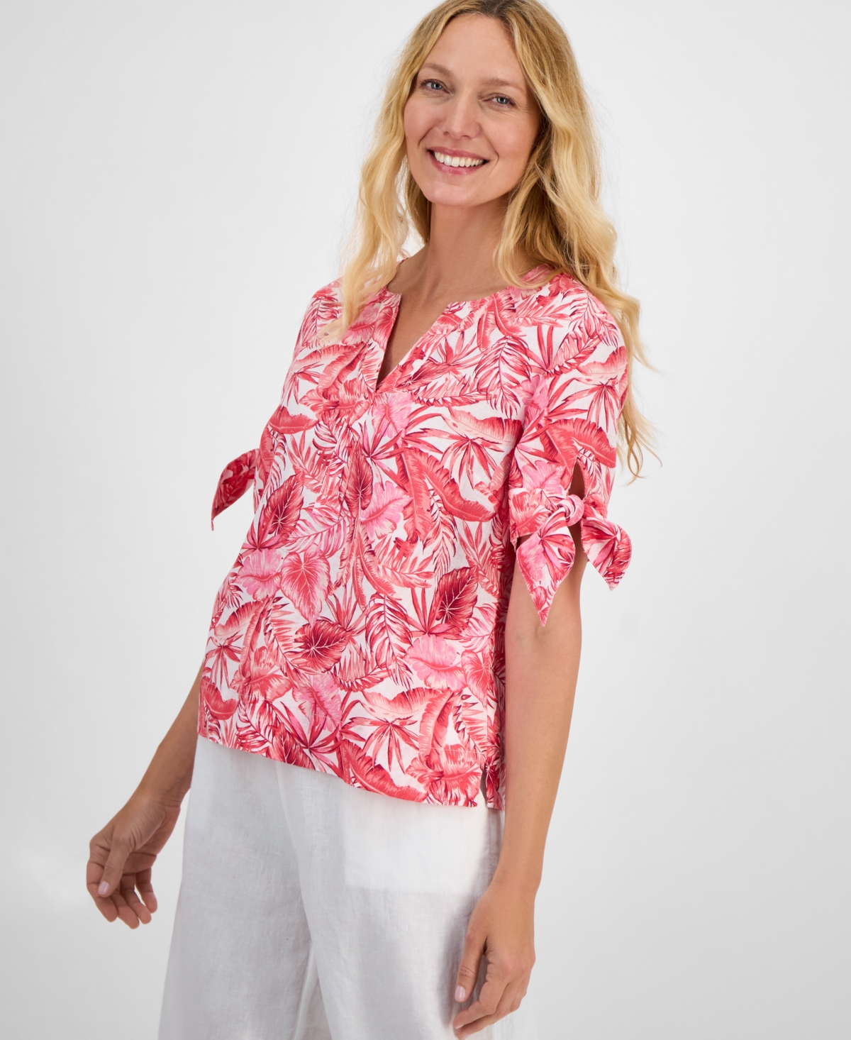 Charter Club Women's Palm-print 100% Linen Tie-sleeve Top, Exclusively At Macy's