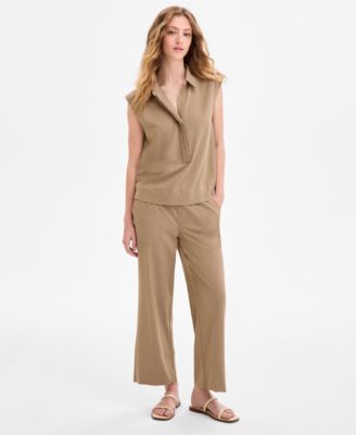 Womens Sleeveless Collared Elastic Back Top Pull On Wide Leg Crop Pants