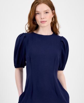 Women's Puff-Sleeve Round-Neck Midi Dress
