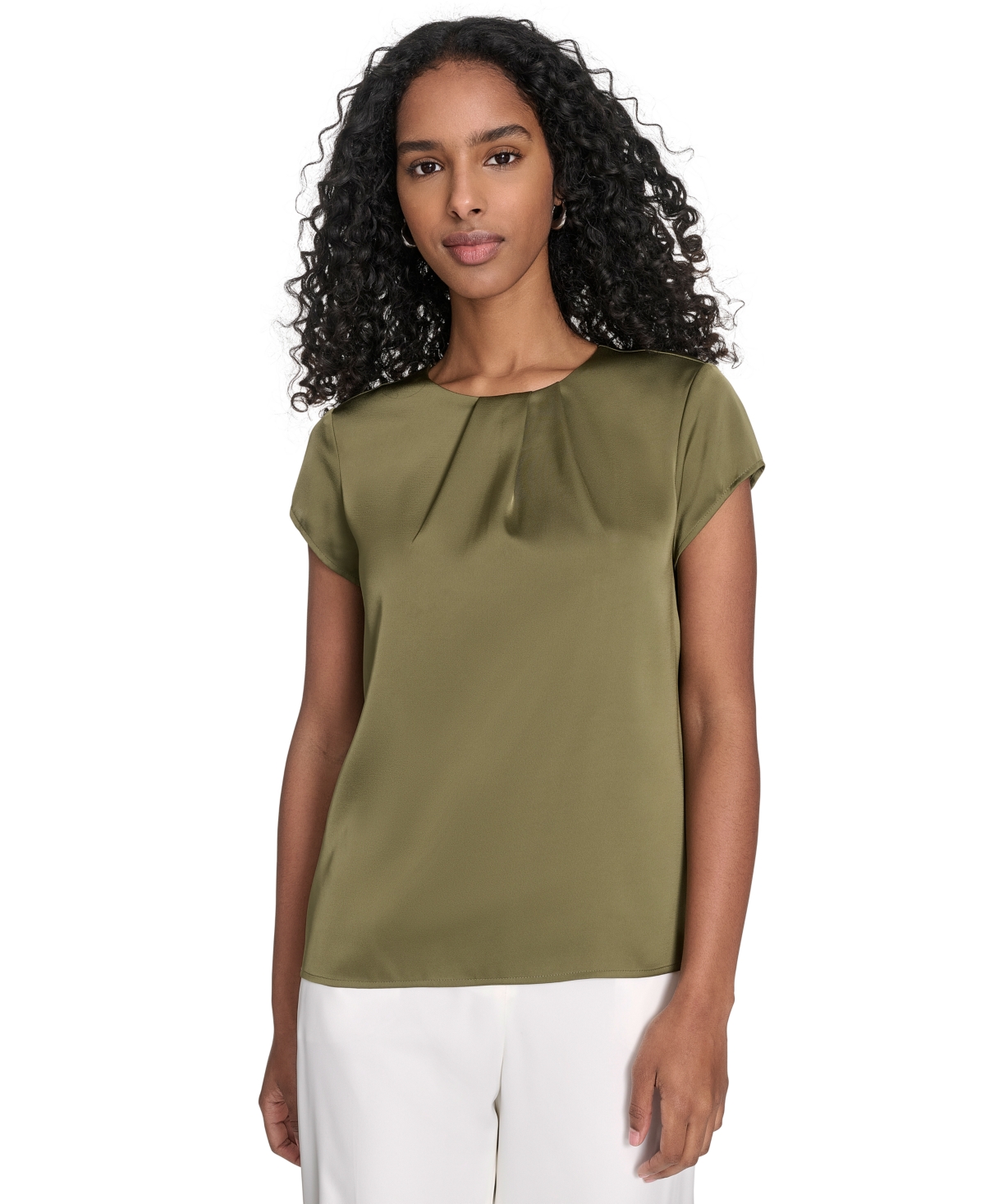Calvin Klein Women's Cap Sleeve Satin Pleat-neck Blouse