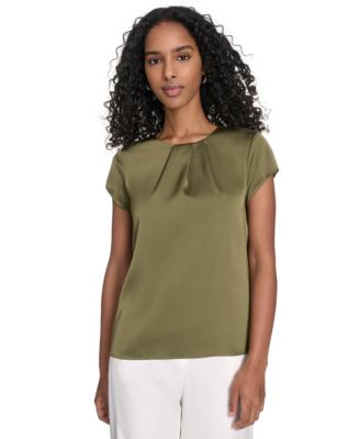 売れ筋商品|||カルバンクライン カットソー トップス レディース Women's Cap Sleeve Satin Pleat-Neck Blouse Green Olive Calvin Klein Women's Cap Sleeve Satin Pleat-Neck Blouse - Macy's