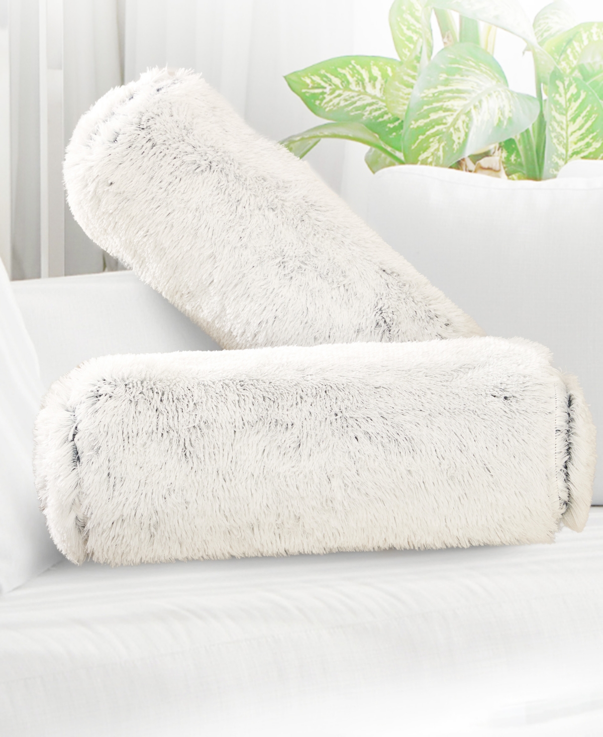 Cheer Collection Shaggy Bolster Decorative Pillow Set, 8" X 24" In White