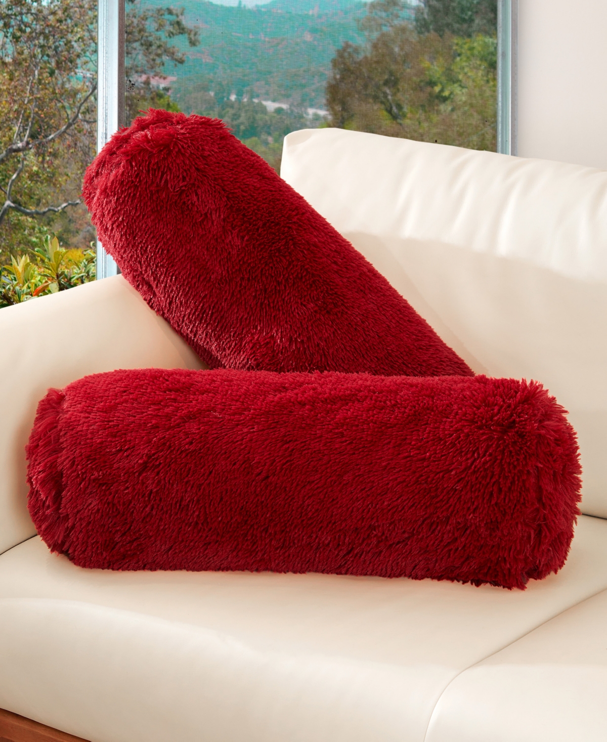 Cheer Collection Shaggy Bolster Decorative Pillow Set, 8" X 24" In Red