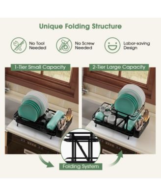 2-Tier Collapsible Dish Drainer Rack with Removable Drip Tray – Space-Saving Dish Drying Rack for Kitchen Organization