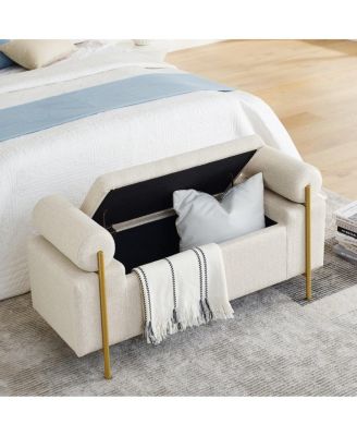 Upholstered Storage Bench with Cylindrical Armrests and Metal Legs Ottoman for Bedroom & Living Room or Entryway