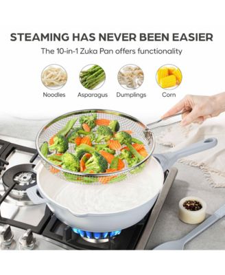 Zuka Everyday Pan 4.25 Qt. Ceramic 10 in 1 Nonstick Multi-Functional Saute Pan with Lid, Nylon Spoon, & Steamer Basket